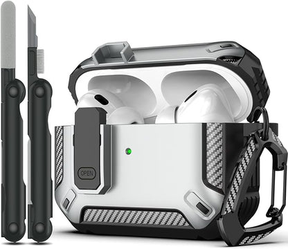 RFUNGUANGO for AirPods Pro 2nd Gen Case with Cleaning Kit, Military Hard Case Protective Armor with Lock, for AirPod Gen 2 Charging Case (2023/2022/2019, 2nd Gen/1st Gen), Front LED Visible, Silver.