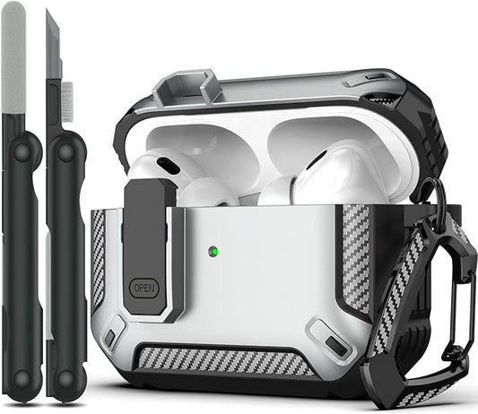 RFUNGUANGO for AirPods Pro 2nd Gen Case with Cleaning Kit, Military Hard Case Protective Armor with Lock, for AirPod Gen 2 Charging Case (2023/2022/2019, 2nd Gen/1st Gen), Front LED Visible, Silver.