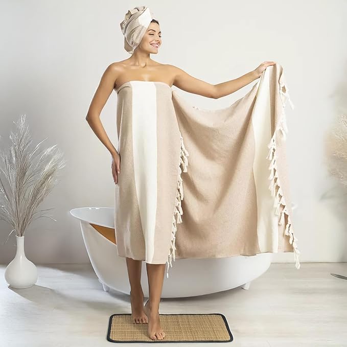 Bazaar Anatolia Turkish Bath Towel – 100% Cotton, Quick Dry, Sand Free Towel for Bathroom, Hot Tub, Decor, Cream – Oversized 71x39 Inches – Diamond Beige