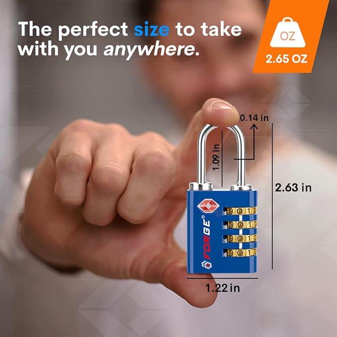 Forge Dual-Opening: Key or Combination Access Lock, TSA Approved Locks for Luggage, Pelican case, Travel, Gym, School, Stainless Steel Shackle. (Blue 2 Pk)