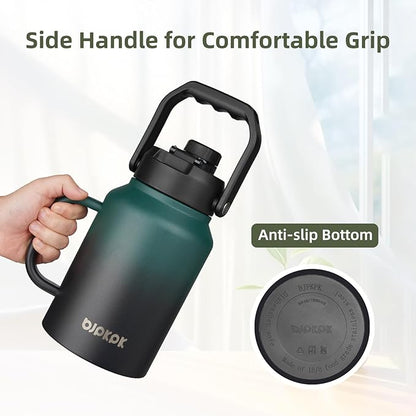 BJPKPK 64oz Insulated Water Bottle with Handle, Large Dishwasher Safe Half Gallon Water Bottle, BPA Free Water Jug, Wide Mouth Metal Flasks with Anti-slip Bottom, Army Green & Black