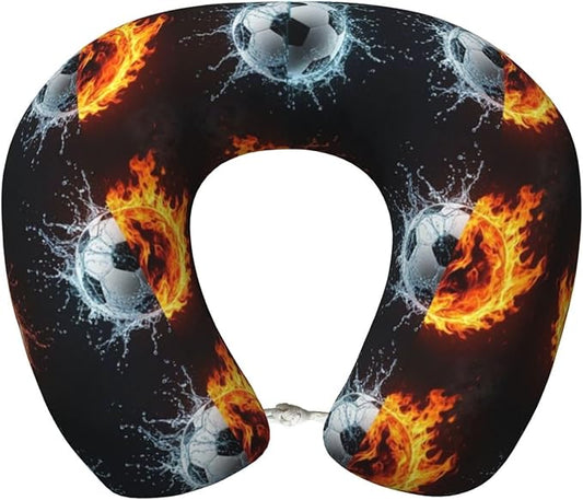 Neck Pillow Memory Foam Chin Cushion with Breathable Cover Water Fire Soccer Ball, Cute Airplane Car Pillows for Office Head Pain Relief