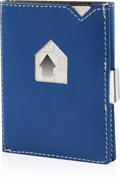 Men's Wallet, Genuine Leather RFID Blocking Slim Money Clip Wallet Minimalist Front Pocket Tri-Fold Money Clip Credit Card Holder with Present Box Blue