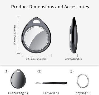 Air Tracker Tags 3 Pack Deep Black, 5.3 Bluetooth Tracker Work with Apple Find My (iOS Only), 100dB Sound, Smart Tag with Keychain/Lanyard, Item Finder for Luggage/Key/Suitcase, Replaceable Battery