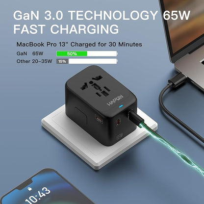 Universal Travel Adapter, GaN 65W International Power Adapter, 3 USB-C & 1 USB-A Fast Charging Travel Charger, All in One Worldwide Travel Plug Adapter, Outlet Adapter for Europe UK USA AU