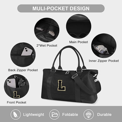 Dance Gym Duffel Bag for Teen Girls, Personalized Initial Travel Weekender Bag,Cute Overnight Carry On Duffle for Women,Sports Travel Cheer Bag,Monogram Christmas Gifts for Tween Preppy(black-L)