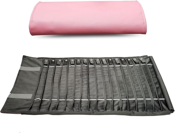 Portable Jewelry Roll Untangled Secure Necklace Travel Storage Bag Displays Holder 16 Chain (Pink PU and gray velvet)