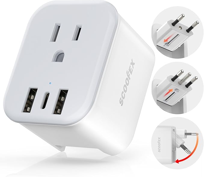 European Travel Plug Adapter - SCOOFEX Foldable Power Plug with 3 USB (1 USB C Port) and 1 AC Outlets Charger for US to Most of Europe - EU France Germany Spain Italy（Type C/L）