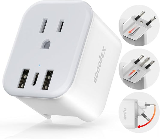 European Travel Plug Adapter - SCOOFEX Foldable Power Plug with 3 USB (1 USB C Port) and 1 AC Outlets Charger for US to Most of Europe - EU France Germany Spain Italy（Type C/L）
