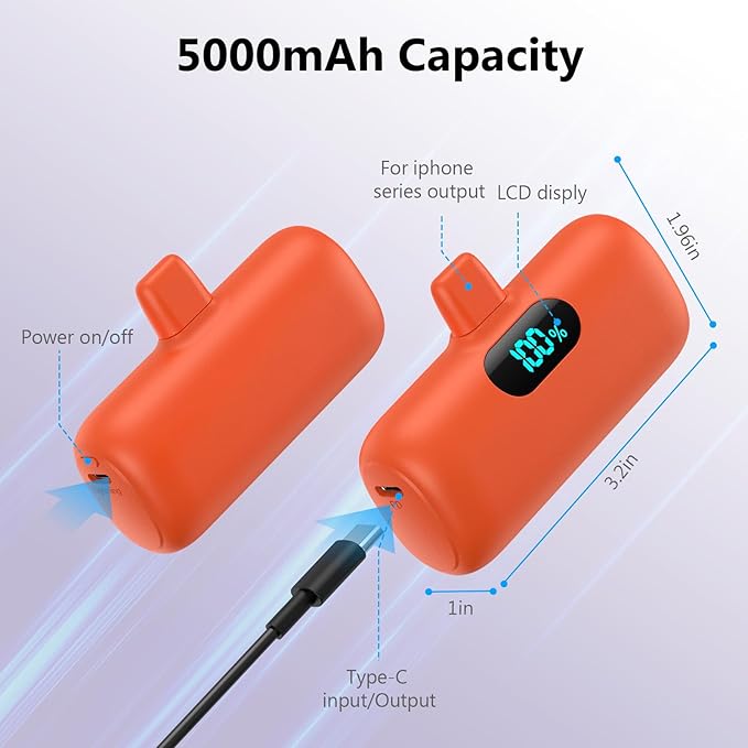 mini Portable Charger for iPhone,Upgraded 5000mAh PD Fast Charging Power Bank,Mini Battery Pack Backup Charger Compatible with iPhone 14/14 Pro Max/13/13 Pro/12 Pro/11/XS/XR/X/8/7/6 -Orange