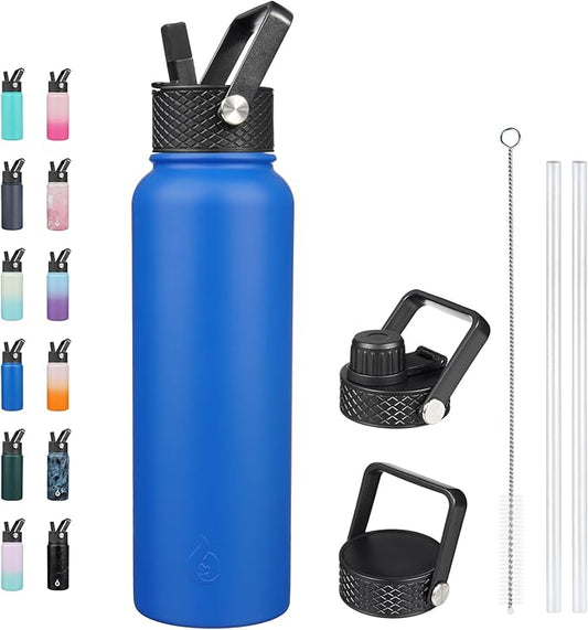 BJPKPK Insulated Water Bottles with Straw Lid, 40oz Stainless Steel Metal Water Bottle with 3 Lids, Reusable Thermo, Keep Cold Hot for Sports, Gym-Sapphire
