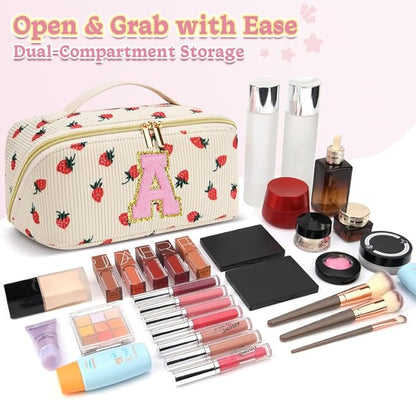 Personalized Travel Makeup Bag Set,Initial Travel Strawberry Makeup Organizer Bag,Toiletry Skincare Cosmetic Bag,Christmas Gifts for Women/Girls,Open Flat Toiletry Pouch with Brush Pocket-H