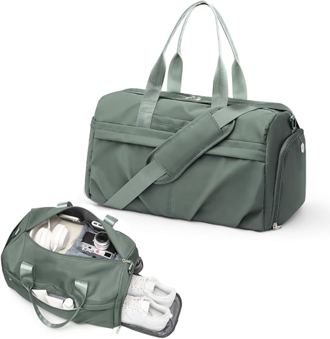 Gym Bag for Women Men with Shoe Compartment, Sport Duffel Bag, Waterproof Travel Weekender Overnight Carry on Bag for Yoga with Trolley Sleeve, Green
