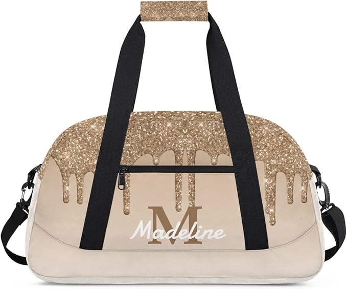 Personalized Kids Sports Duffel Bag with Name Custom Weekender Overnight Bag for Boys Girls Gym Bag Travel Dance Gymnastics Duffel Bag, Tan Glitter