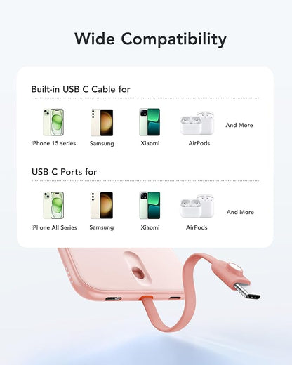 VEEKTOMX Slim Portable Charger, 5000mAh Lightweight Power Bank with Wired USB C Cable, Ultra Thin Battery Pack Compatible with iPhone 15/Plus/Pro/Pro Max/Samsung/Android(Non-Wireless Charging), Pink