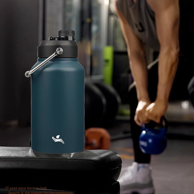 Jug with Handle,87 oz Insulated Water Bottle with Carrying Pouch, Double Wall Vacuum Stainless Steel Metal Bottle,Navy blue
