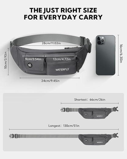 WATERFLY Small Crossbody Fanny Pack: 5 Pocket Slim Lightweight Waist Belt Hip Bag for Women Men Water Resistant Chest Pouch for Travel Hiking Running Walking Fit All Phones - Gray