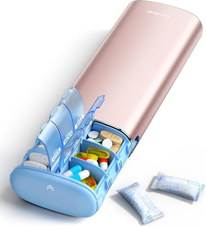 Vaydeer Metal 7 Day Pill Organizer 2 Times a Day – AM PM Weekly Travel Pill Case with Moisture-Proof Desiccant, Airtight Large Capacity Pill Box for Vitamins, Medications & Supplements (Rose Gold)