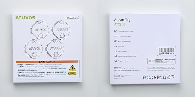 ATUVOS Air Tracker Tags-4 Pack, Bluetooth Luggage Tracker Works with Apple Find My APP (iOS Only, Not for Android), Keys Finder and Item Locator for Luggage, Backpack, Suitcases, Replaceable Battery