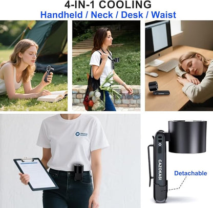 CAZOKASI Rechargeable Strong Wind Handheld Fan With Ambient Lighting 4 IN1 5000mAh Upto 22H For Desktop Waist Clip Neck (StrongWind/Black)