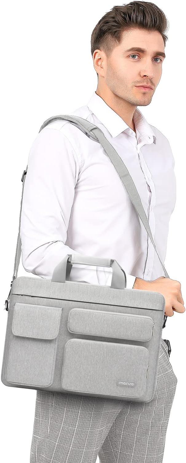 MOSISO Laptop Shoulder Bag 15.6 inch, 15-15.6 inch Computer Bag Compatible with MacBook Pro 16 inch, HP, Dell, Lenovo, Notebook with 2 Raised&1 Flapover&1 Horizontal Pocket&Handle&Belt, Gray