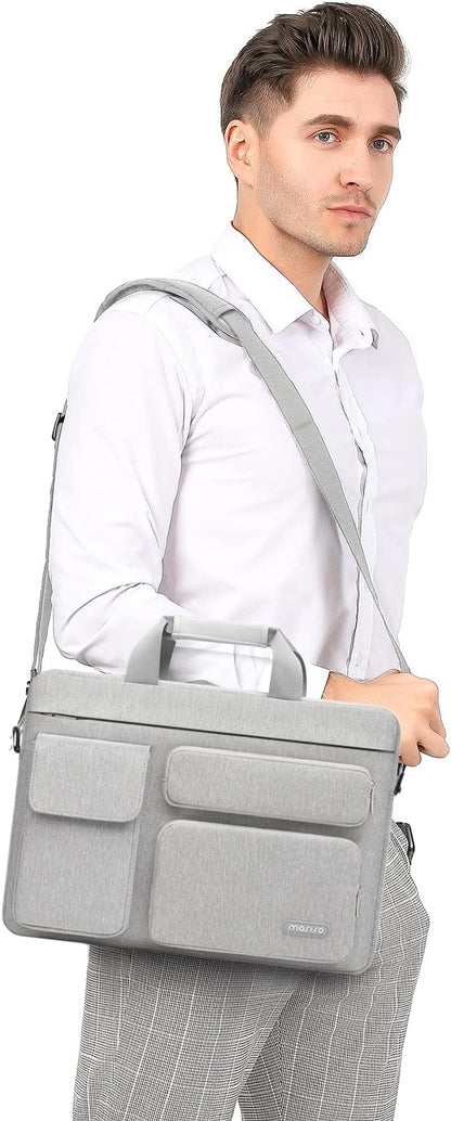 MOSISO Laptop Shoulder Bag 15.6 inch, 15-15.6 inch Computer Bag Compatible with MacBook Pro 16 inch, HP, Dell, Lenovo, Notebook with 2 Raised&1 Flapover&1 Horizontal Pocket&Handle&Belt, Gray