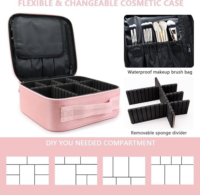 Travel Makeup Case 5 Layers Portable Makeup Train Case Cosmetic Bag Organizer Storage for Women with Adjustable Dividers and Shoulder Strap for Toiletry Travel Accessories(pink)