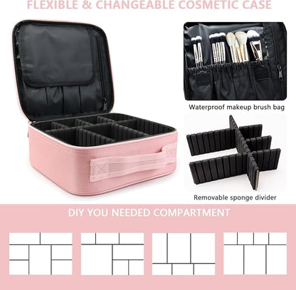 Travel Makeup Case 5 Layers Portable Makeup Train Case Cosmetic Bag Organizer Storage for Women with Adjustable Dividers and Shoulder Strap for Toiletry Travel Accessories(pink)