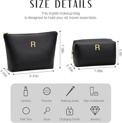 Women Gifts | Initial Makeup Bag Set for Girl Personalized Gifts for Bridesmaid Friend Graduation Teachers PU Leather Cosmetic Travel Toiletry Bag(Black,R)