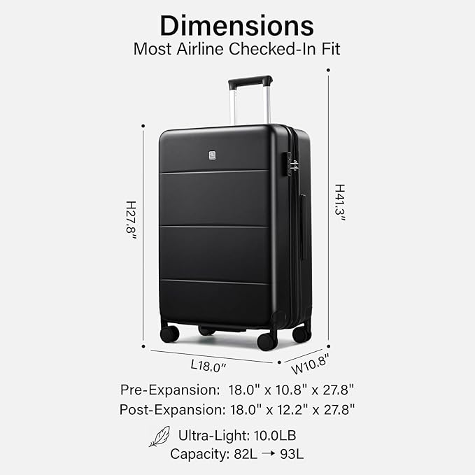 Hanke Expandable 26 Inch Luggage with Spinner Wheels, Hardside Large Suitcase, All-PC Hard Shell Travel Luggage, TSA Lock, Lightweight Durable Checked-Medium (Jet Black, 93L)