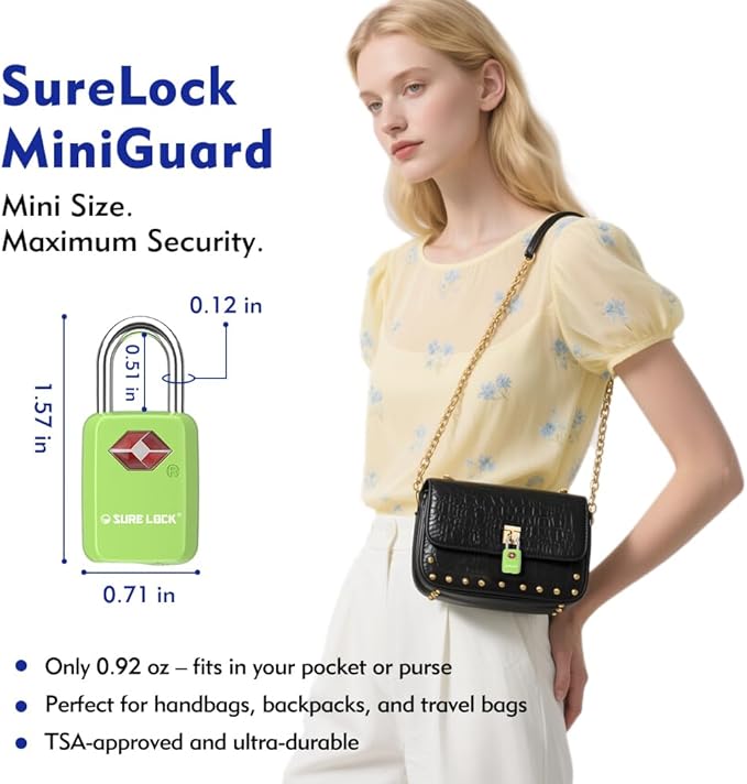 Sure Lock TSA Approved Luggage Locks Mini Size Lock with Keys for Travel, Zinc Alloy Body with Steel Shackle, Key Alike, Key Alike in The Same Package