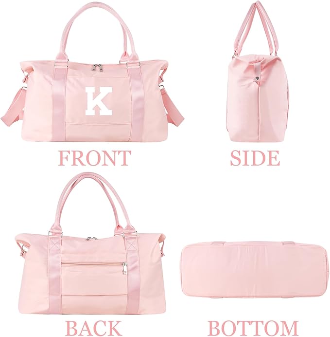 Initial Travel Duffel Bag Sports Gym Bag for Girls Teen Birthday Gifts,Pink Personalized Weekender Bag Carry On Tote Bags for Women Men,Waterproof Overnight Luggage Bag with Trolley Sleeve(Letter K)