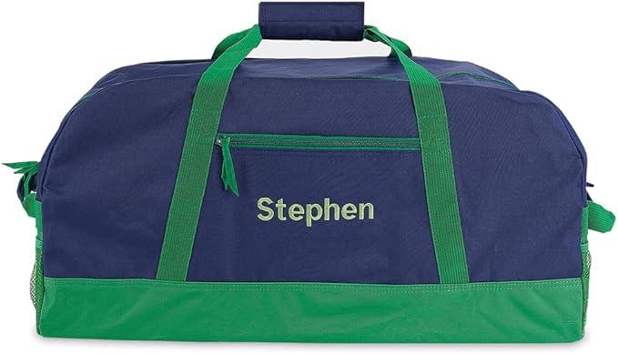 Lillian Vernon Navy and Green Personalized Medium Duffel Bag for Kids - Sports and Activities, Luggage, 11" x 12" x 23"W