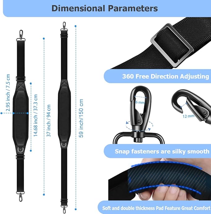 ZINMARK Shoulder Strap 59" with Fixed Pad and Dual Balance Buckles and Swivel Metal Hooks for Laptop Bag and Most Bag