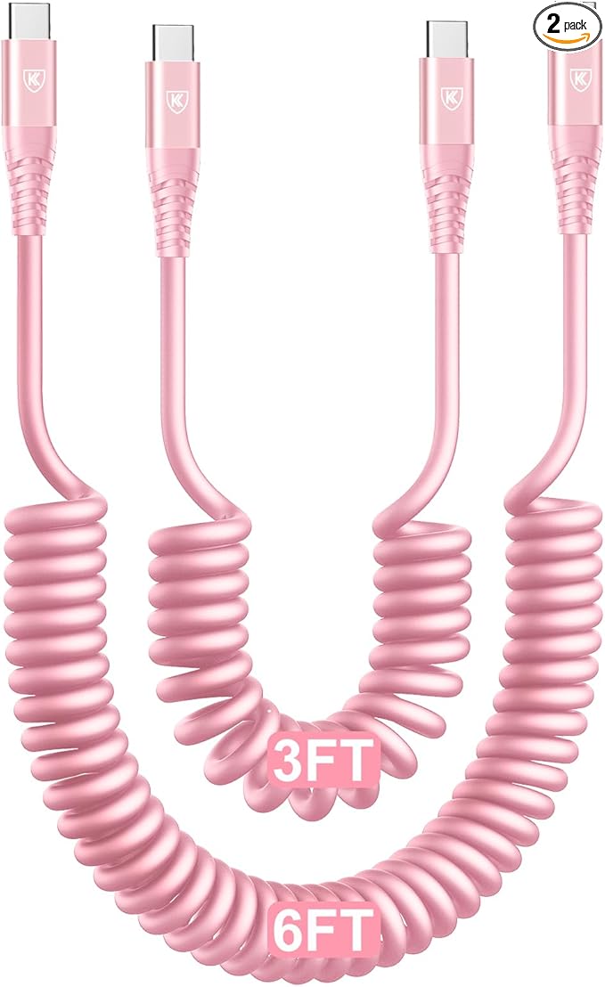 USB C to USB C Cable [3FT+6FT], 2Pack Coiled USBC Cable for Car USB Type C Fast Charging Cable, CarPlay iPhone USB-C Cable/Android Auto USB C Cord for iPhone 17/16/ 15/Pro Max/Samsung Galaxy S23-Pink