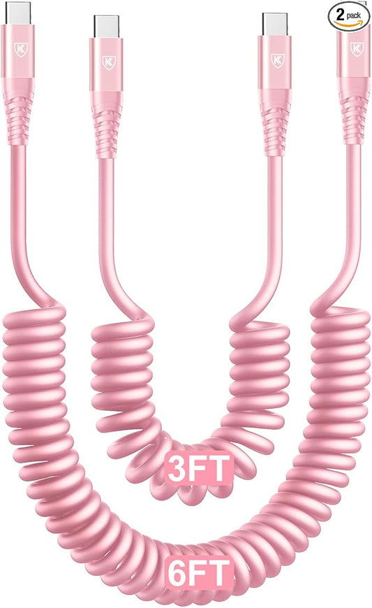 USB C to USB C Cable [3FT+6FT], 2Pack Coiled USBC Cable for Car USB Type C Fast Charging Cable, CarPlay iPhone USB-C Cable/Android Auto USB C Cord for iPhone 17/16/ 15/Pro Max/Samsung Galaxy S23-Pink
