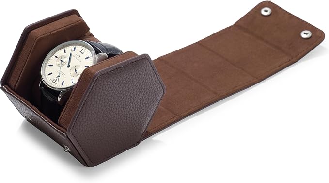 Oirlv Luxury Hexagonal Leather Watch Travel Case Single Watch Box for Men Portable Jewelry Storage Roll Organizer(1-Slot,Brown)