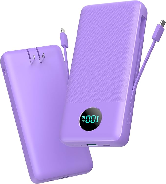 Portable Charger 33800mAh USB C Power Bank with Built-in Cables & AC Wall Plug,25W Fast Charging+QC 4.0 Phone Charger,4 Output Travel Essentials Battery Pack for iPhone16/15/14/13,Samsung,Android etc