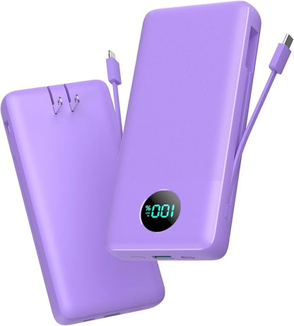 Portable Charger 33800mAh USB C Power Bank with Built-in Cables & AC Wall Plug,25W Fast Charging+QC 4.0 Phone Charger,4 Output Travel Essentials Battery Pack for iPhone16/15/14/13,Samsung,Android etc