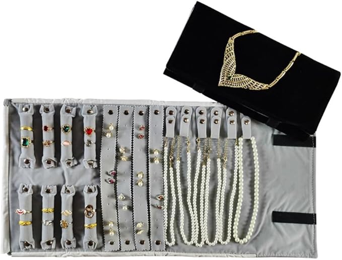 Velvet Travel Jewelry Case Roll Bag Organizer for Necklace Bracelet Earrings Ring (Black) (Black and Grey)