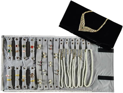 Velvet Travel Jewelry Case Roll Bag Organizer for Necklace Bracelet Earrings Ring (Black) (Black and Grey)