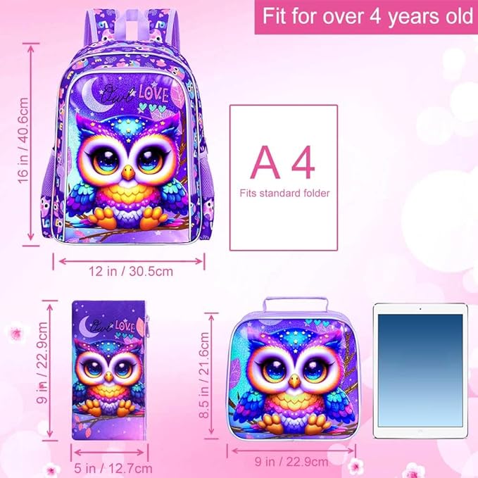 WZLVO 3PCS Backpack for Girls, 16" Kids Owl Preschool Bookbag with Lunch Box，Cute Animal Water Resistant School Backpacks Set for Elementary Kindergarten