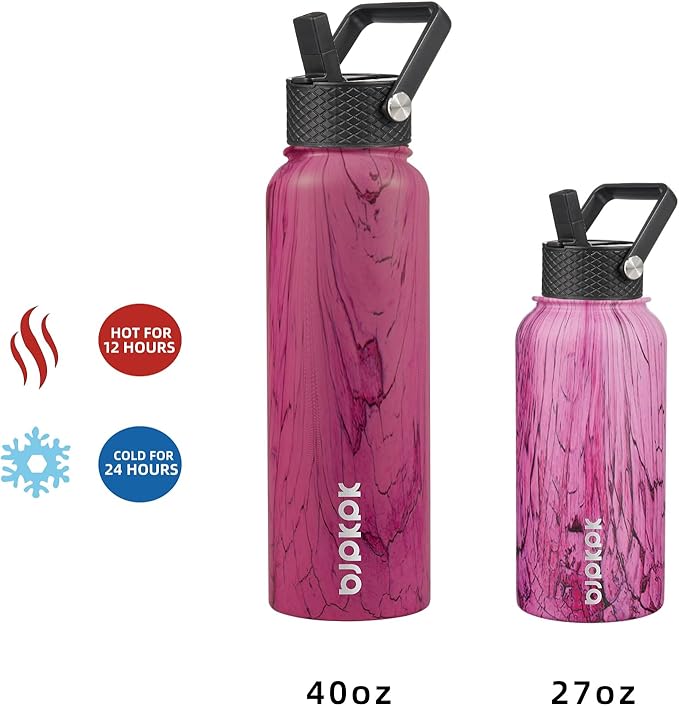 BJPKPK Insulated Water Bottles with Straw Lid, 40oz Stainless Steel Water Bottles with 3 Lids, BPA Free Leakproof Thermo, Tumblers, Cups for Sports, Gym- Wood Pink