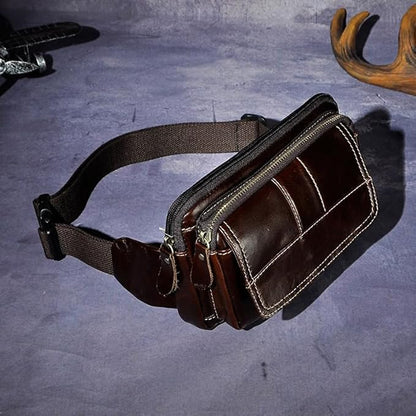 Rugged Pull-Up Leather Waist Bag for Men Full Grain Vintage Outdoor Compact Hip Pouch with Gift Box (Coffee)