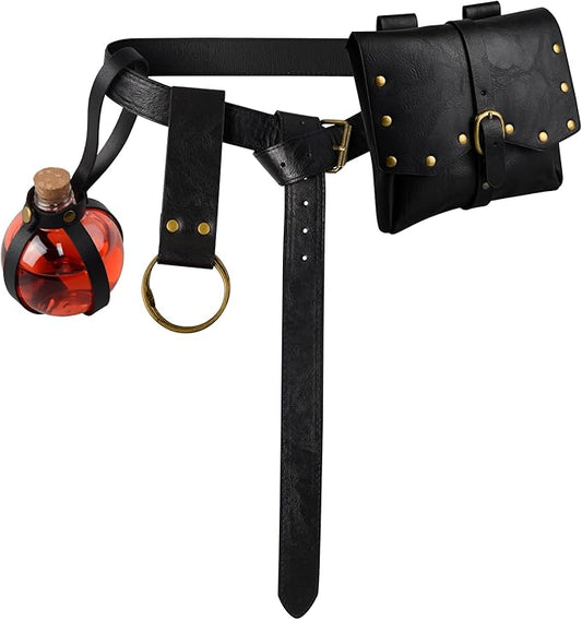 Renaissance Belt Pouch Viking Leather Medieval Belt Waist Bag Pirate Cosplay Festival Halloween Adjustable Accessories (Bottles-Black)