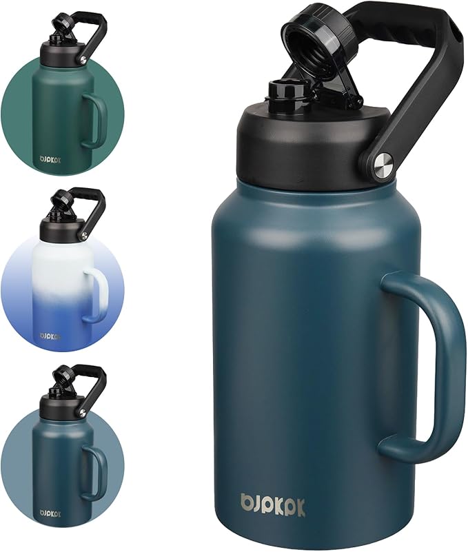 BJPKPK 87oz Insulated Water Bottle with Handle, Large Dishwasher Safe 2/3 Gallon Water Bottle, BPA Free Water Jug, Wide Mouth Metal Flasks with Anti-slip Bottom, Keep Cold & Hot,Navy Blue