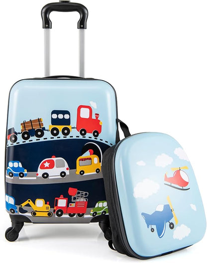 BABY JOY 2 PCS Kids Luggage, 16” Carry-on Hardshell Suitcase with Wheels & Hardside Backpack for Boys Girls, Airline-Approved Toddler Travel Luggage Set (Little Car)
