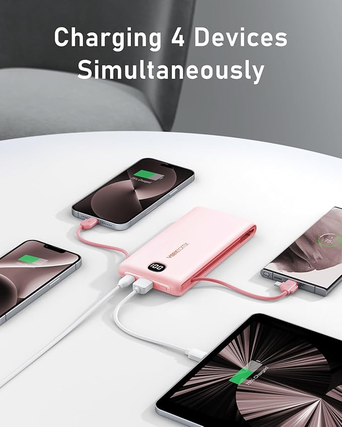 VEEKTOMX Portable Charger with Built in Cables 10000mAh, Power Bank for iPhone with Wall Plug, Travel Essential Fast Charging USB C Slim External Battery Pack for iPhone 17/16/15/14, Samsung, iPad,etc