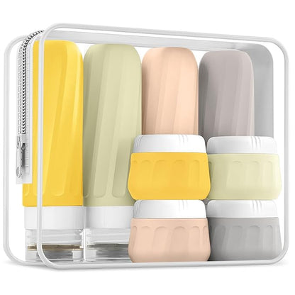 Travel Size Toiletries 8 Pack, TSA Approved 3oz/1oz Silicone Squeezable Creams Jars with Clear Travel Bag