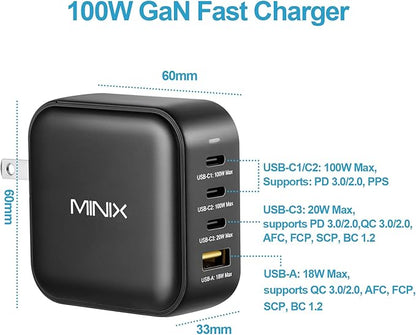 MINIX NEO P3 100W Turbo 4-Port GaN Wall Charger, 3 x USB C port Fast Charging Power Adapter(Max 100W/20W), 1 USB-A (Max 18W). Compatible with MacBook Pro Air, iPad Pro, iPhone 17/16 Pro Max,Galaxy S23